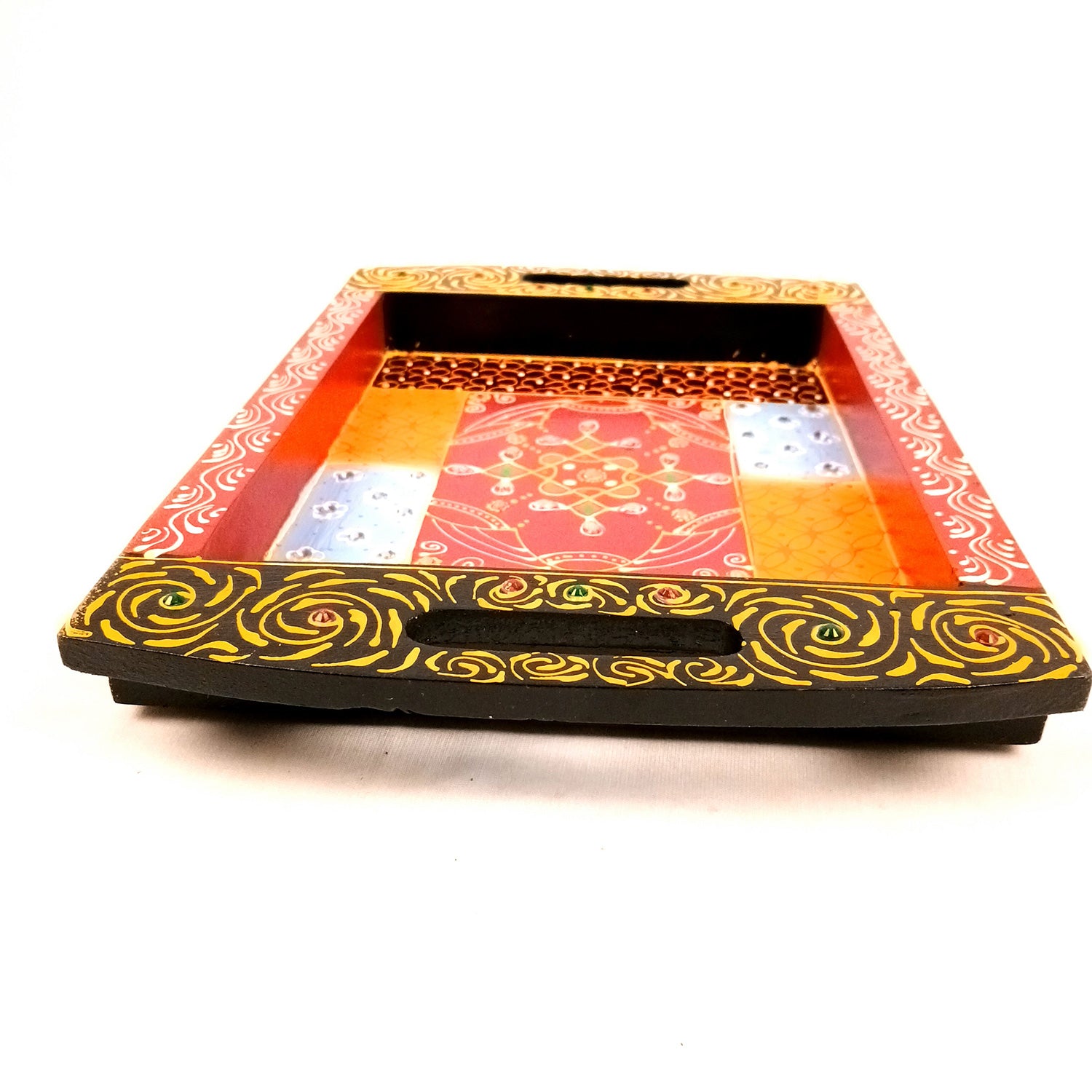 Tray Wooden | Beautifully Hand Painted Tea & Snacks Serving Platter | Decorative Trays - for Home, Dining Table, Kitchen Decor | Wedding & Housewarming Gift - 17 Inch (Pack of 2) - Apkamart 