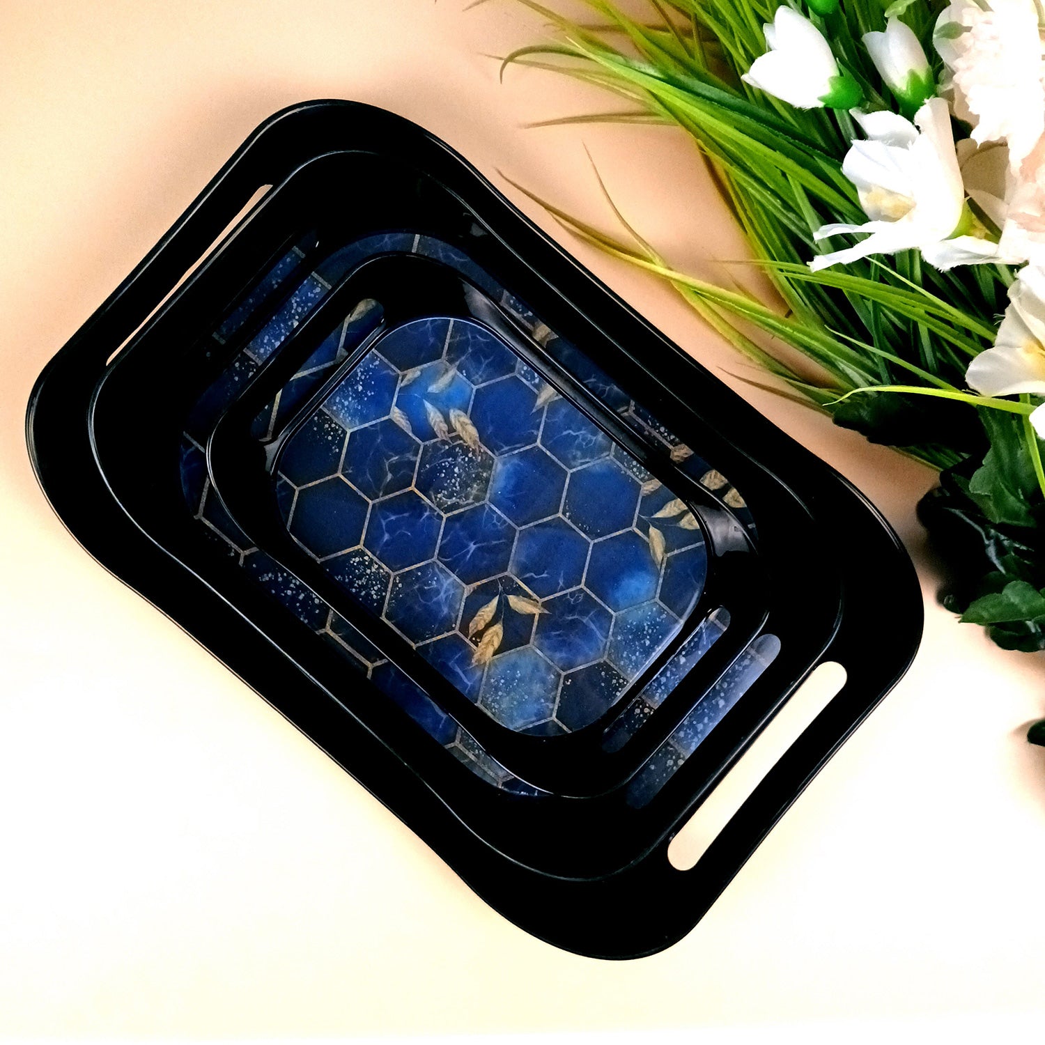 Serving Tray Set - Honeycomb Design | Glossy Finish Bpa Free Durable Nested Trays - for Home, Kitchen, Dining Table Decor & Office - Pack of 3 - Apkamart #Style_Design 1 