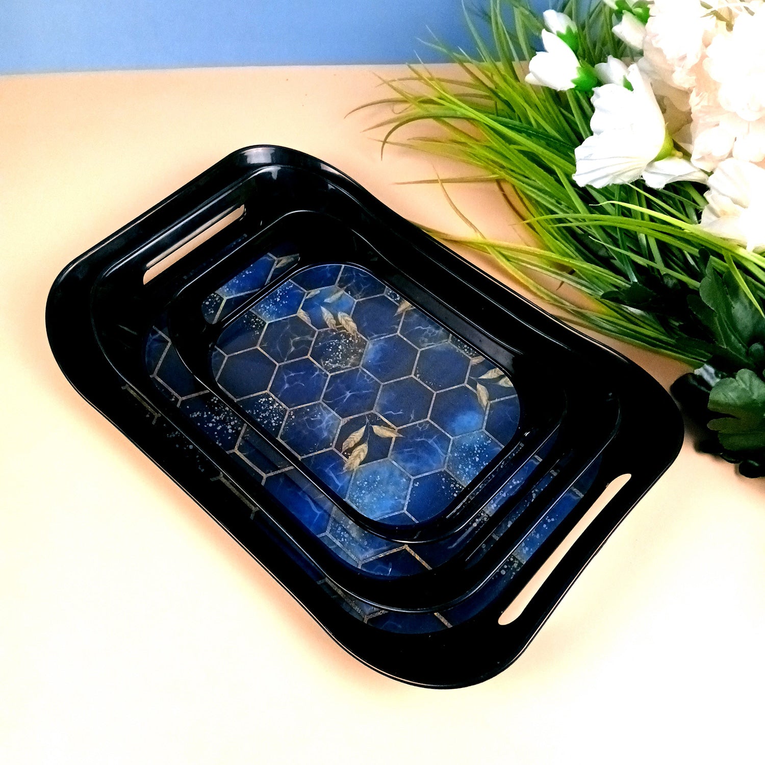 Serving Tray Set - Honeycomb Design | Glossy Finish Bpa Free Durable Nested Trays - for Home, Kitchen, Dining Table Decor & Office - Pack of 3 - Apkamart #Style_Design 1 