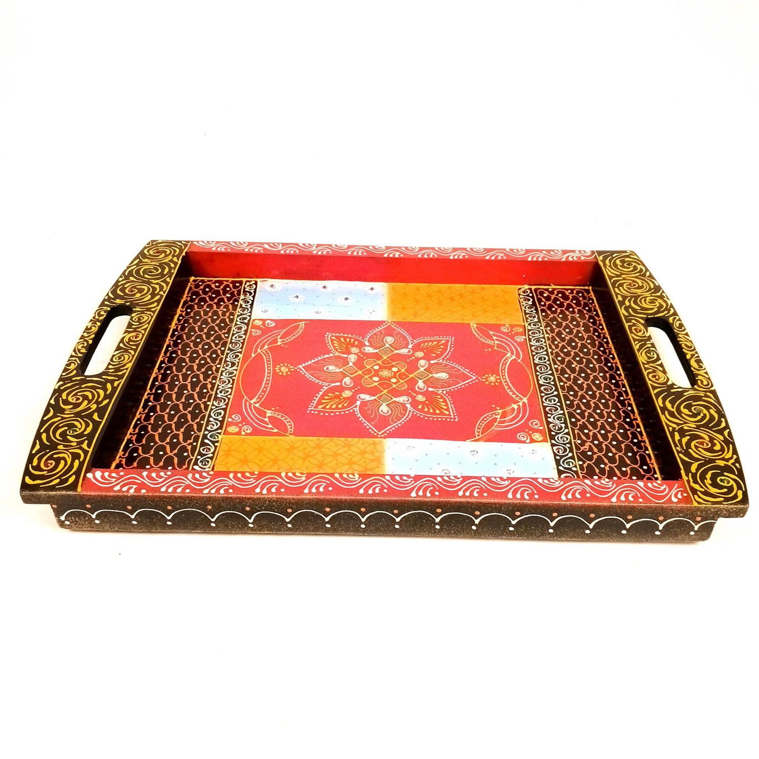 Tray Wooden | Beautifully Hand Painted Tea & Snacks Serving Platter | Decorative Trays - for Home, Dining Table, Kitchen Decor | Wedding & Housewarming Gift - 17 Inch (Pack of 2) - Apkamart 