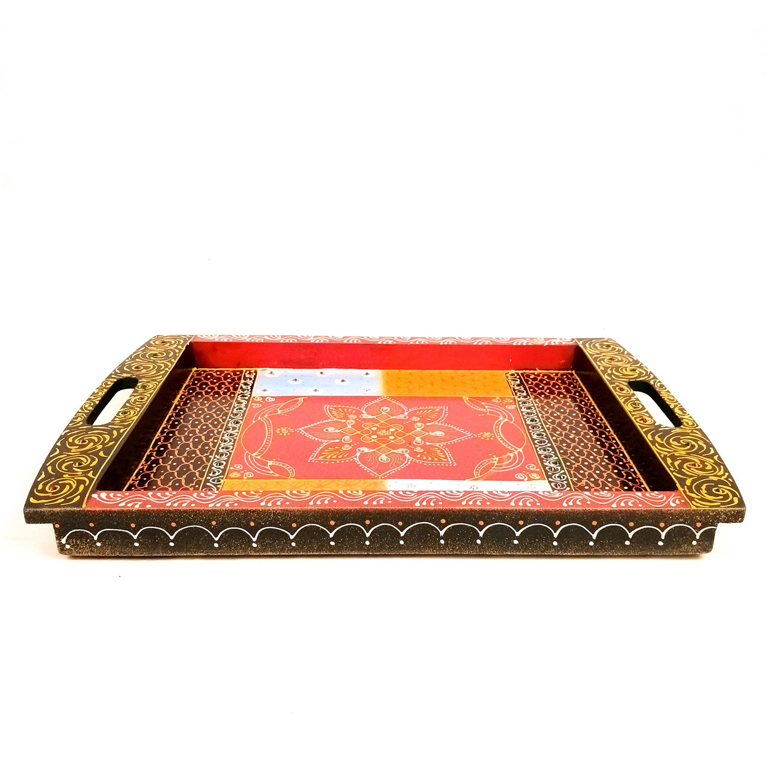 Tray Wooden | Beautifully Hand Painted Tea & Snacks Serving Platter | Decorative Trays - for Home, Dining Table, Kitchen Decor | Wedding & Housewarming Gift - 17 Inch (Pack of 2) - Apkamart 