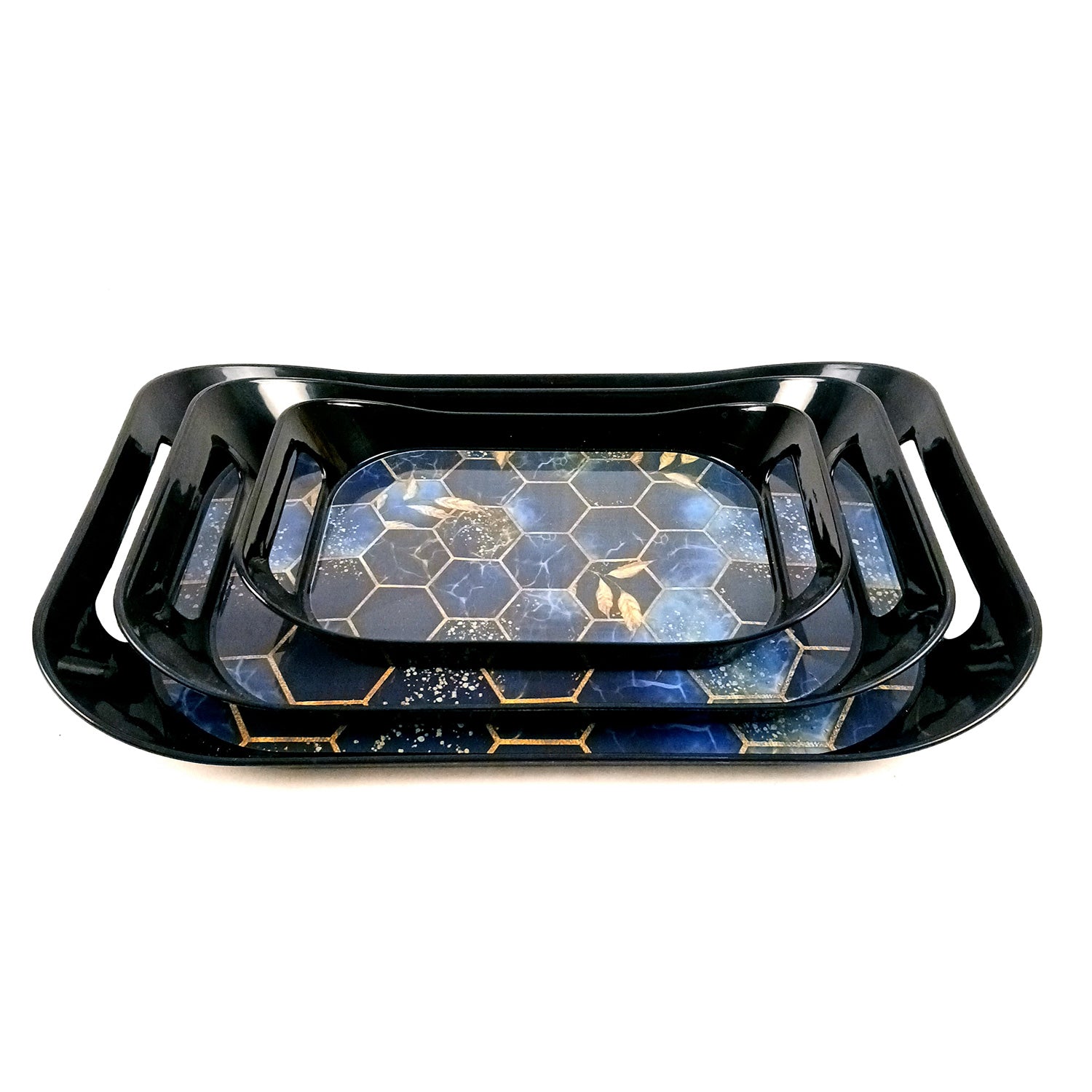 Serving Tray Set - Honeycomb Design | Glossy Finish Bpa Free Durable Nested Trays - for Home, Kitchen, Dining Table Decor & Office - Pack of 3 - Apkamart #Style_Design 1 