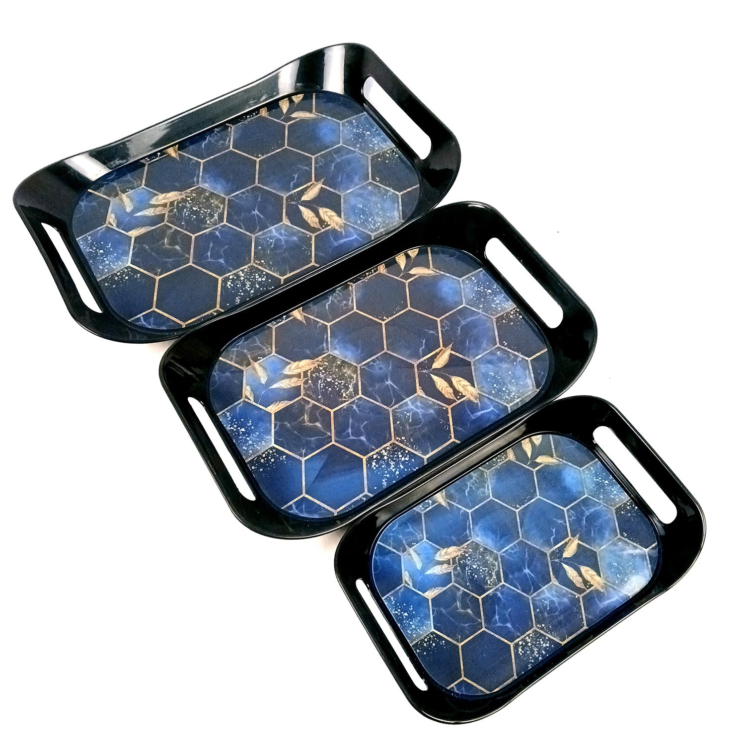 Serving Tray Set - Honeycomb Design | Glossy Finish Bpa Free Durable Nested Trays - for Home, Kitchen, Dining Table Decor & Office - Pack of 3 - Apkamart #Style_Design 1 