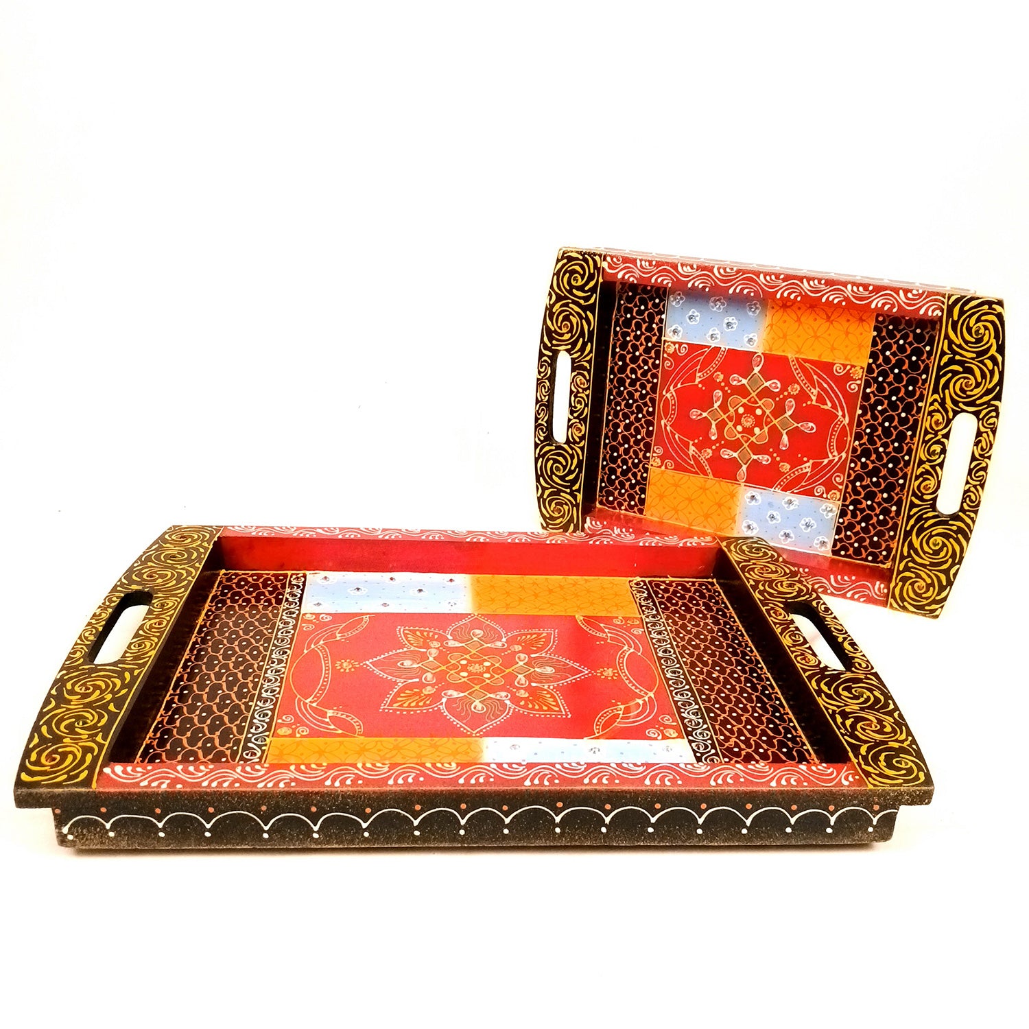 Tray Wooden | Beautifully Hand Painted Tea & Snacks Serving Platter | Decorative Trays - for Home, Dining Table, Kitchen Decor | Wedding & Housewarming Gift - 17 Inch (Pack of 2) - Apkamart 