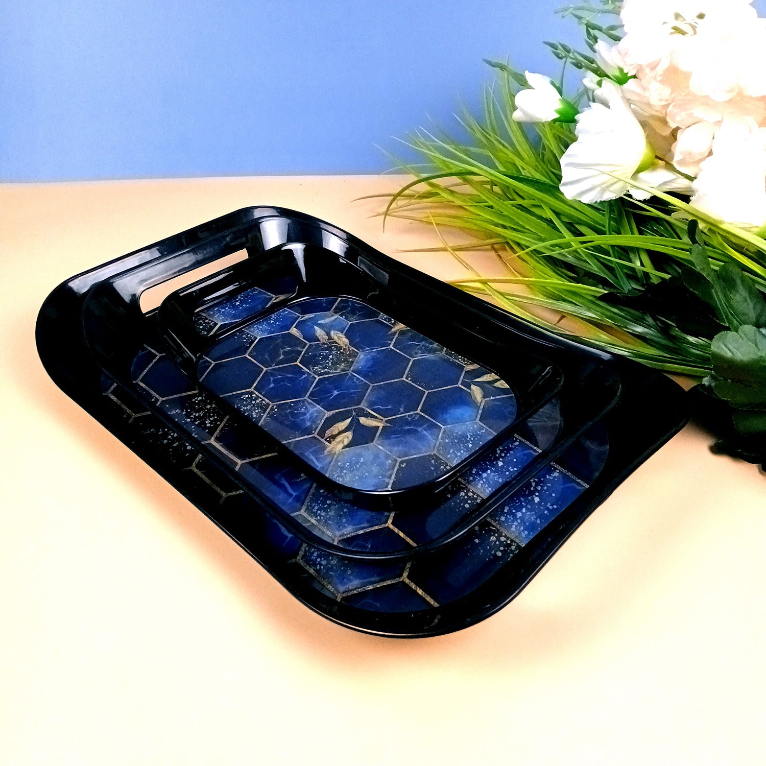 Serving Tray Set - Honeycomb Design | Glossy Finish Bpa Free Durable Nested Trays - for Home, Kitchen, Dining Table Decor & Office - Pack of 3 - Apkamart #Style_Design 1 