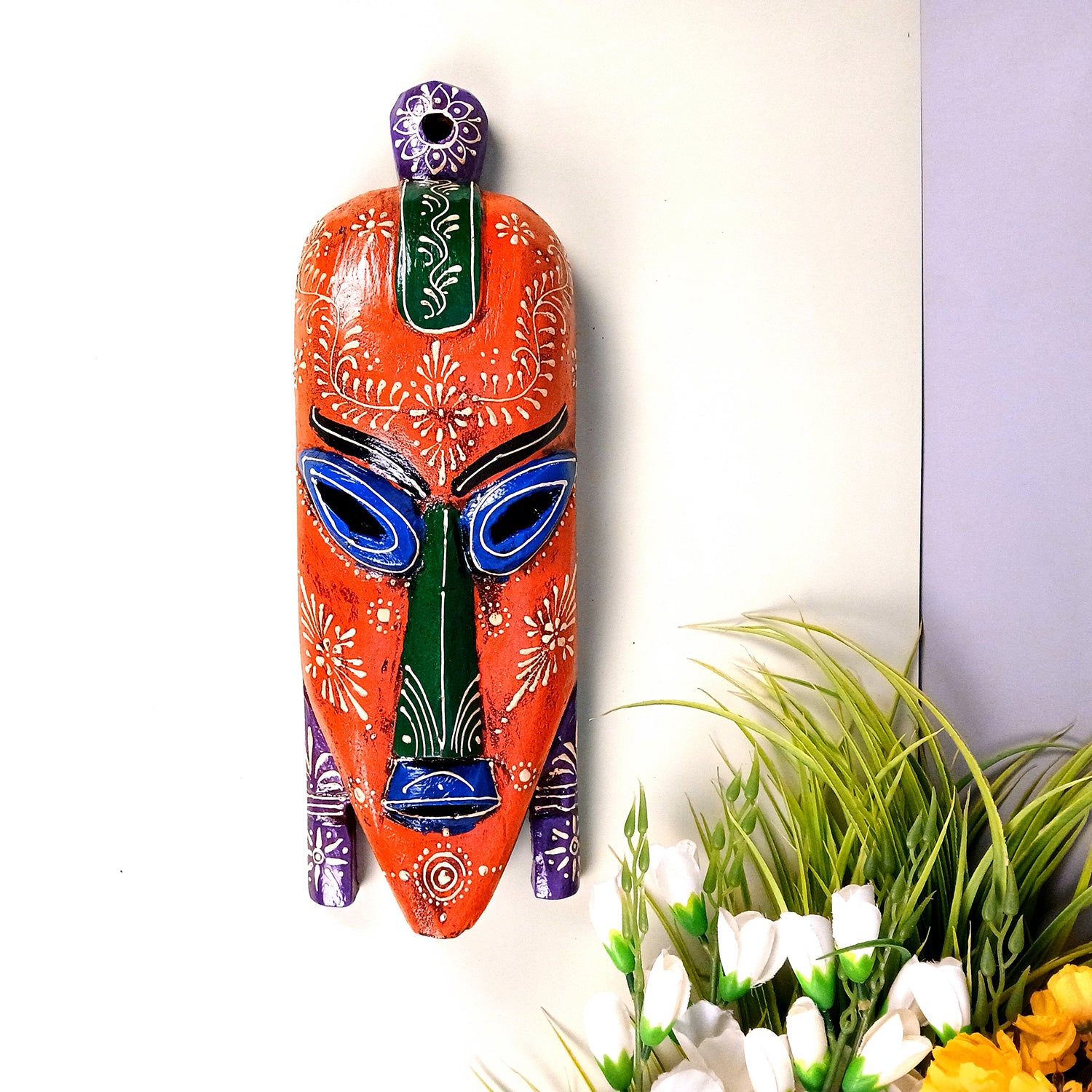 Nazar Battu Wall Mask | Tribal Face Masks Hanging |Long African Egyptian Wooden Faces Hangings - for Home Entrance, Living Room, Door Decor, Hall-Way, Balcony Decoration & Gift - 15 Inch - Apkamart #Color_Orange