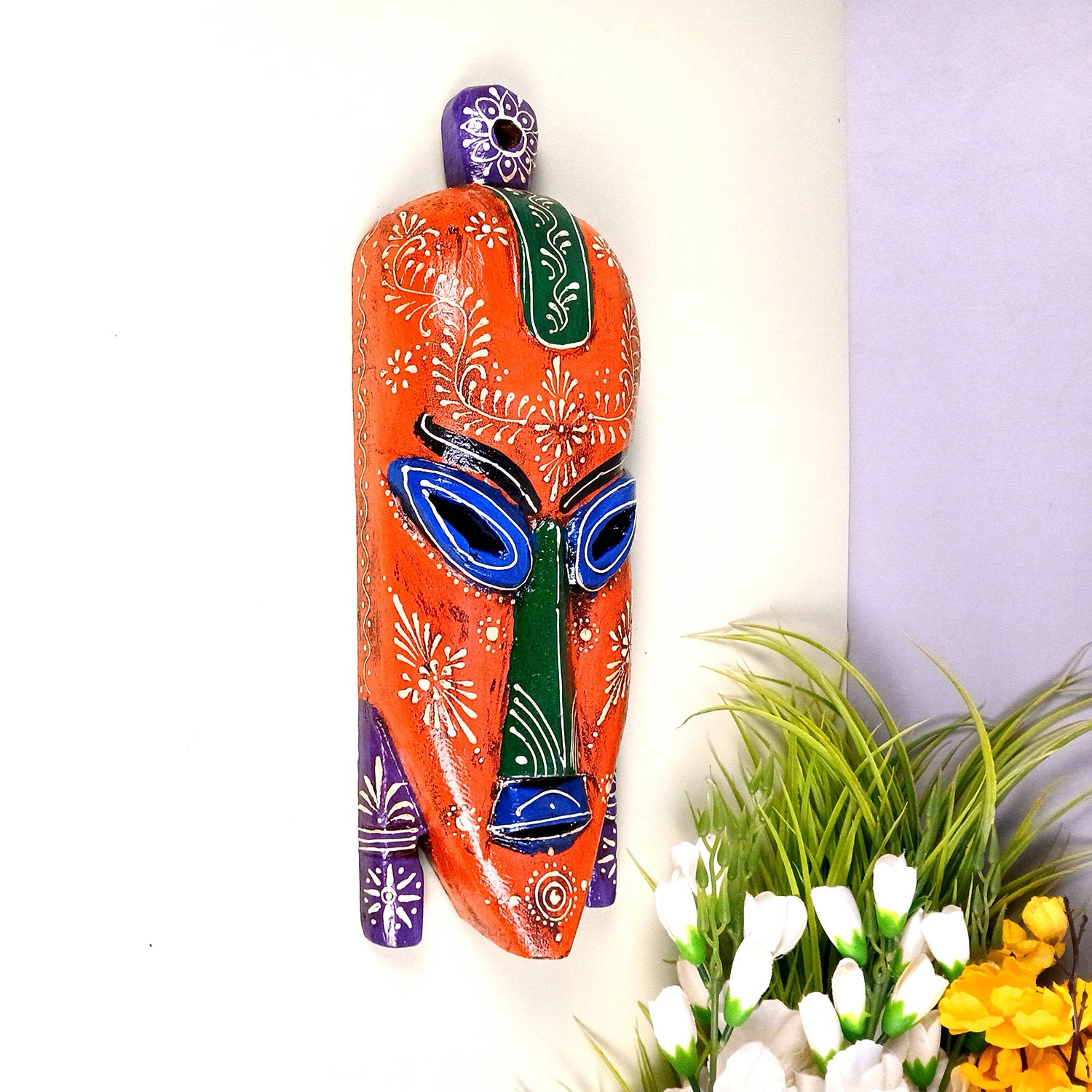 Nazar Battu Wall Mask | Tribal Face Masks Hanging |Long African Egyptian Wooden Faces Hangings - for Home Entrance, Living Room, Door Decor, Hall-Way, Balcony Decoration & Gift - 15 Inch - Apkamart #Color_Orange