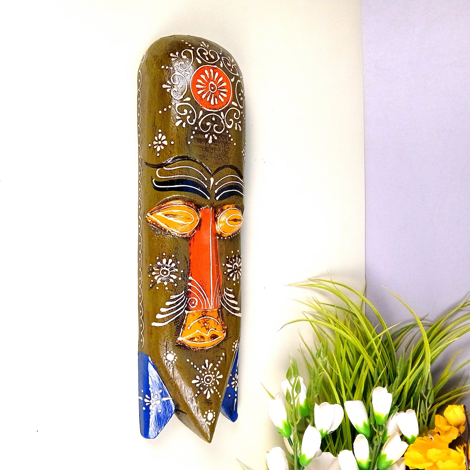 African Egyptian Face Wall Mask Hanging | Nazar Battu | Long Tribal Masks for Home Entrance & Living Room | Wooden Mask hangings for House, Door, Hall-Way, Balcony Decoration - 15 Inch - apkamart #Color_Green