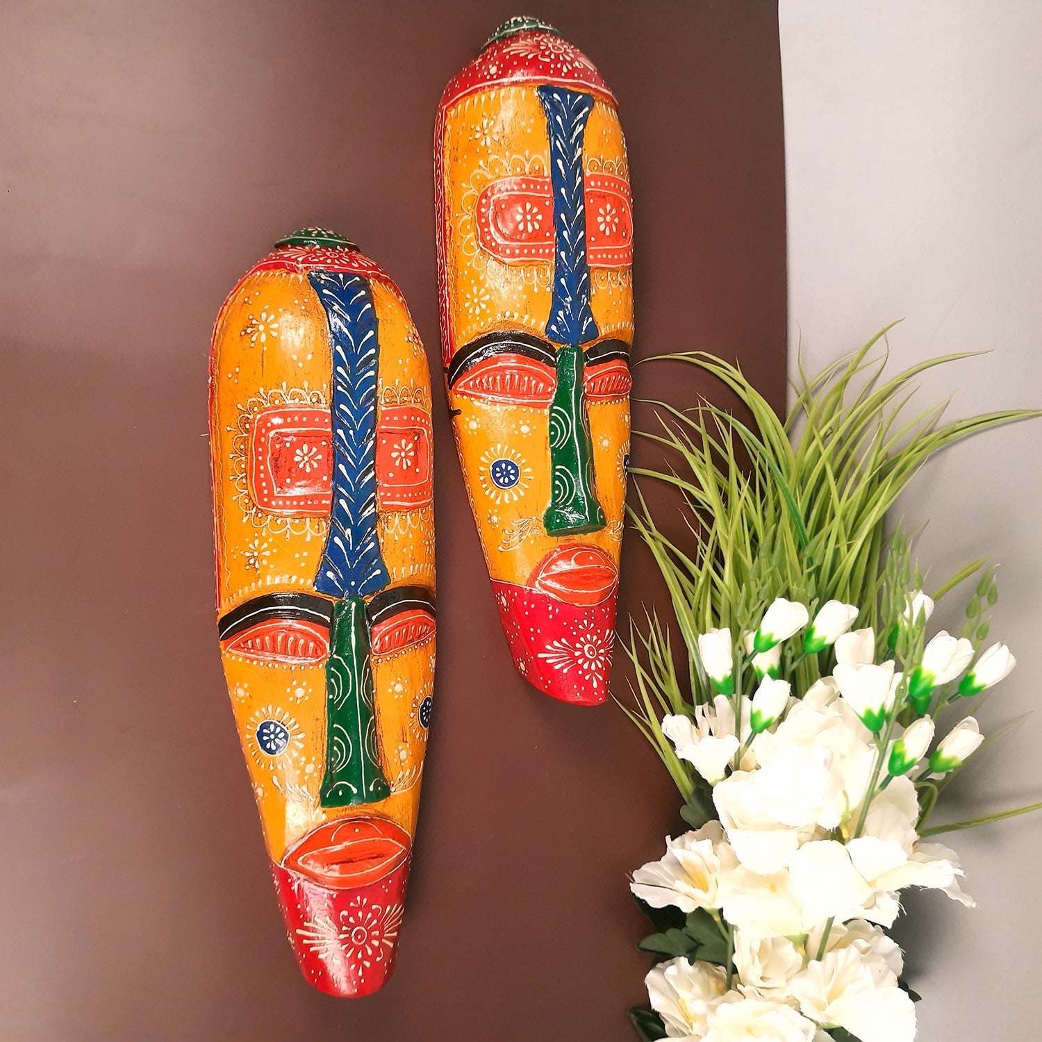 Wall Mask Wooden Hangings | Nazar Battu For Home Entrance | African Egyptian Masks Face Hanging Tall - For Living Room, House, Door, Hall-Way, Balcony Decoration - 18 Inch - Apkamart #style_Pack of 2