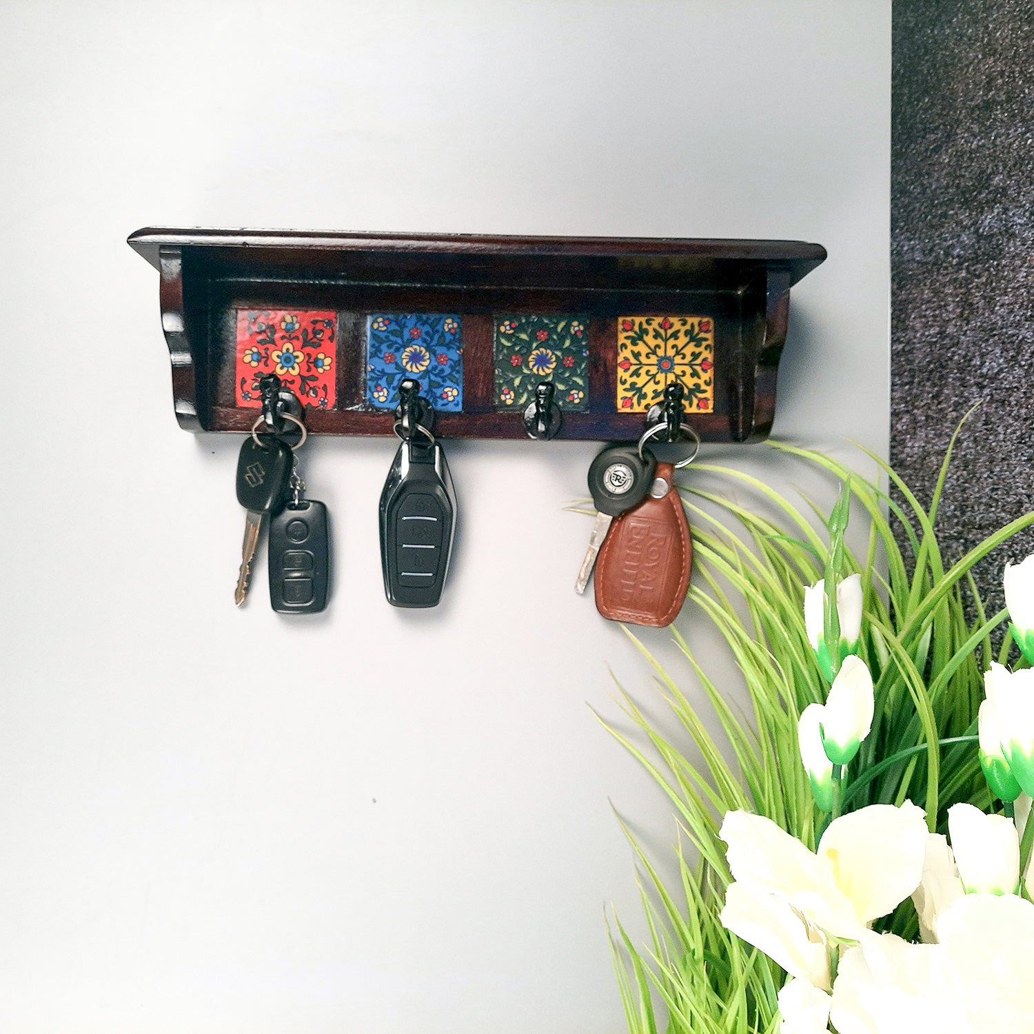 Wooden Shelf With Wall Key Hooks - Wall Mount | Floating Shelves For Decorating Showpieces, Vases, Candle Holders & Books | Key Holder Organiser - Home, Entrance, Office Decor & Gifts - Set of 2 - Apkamart