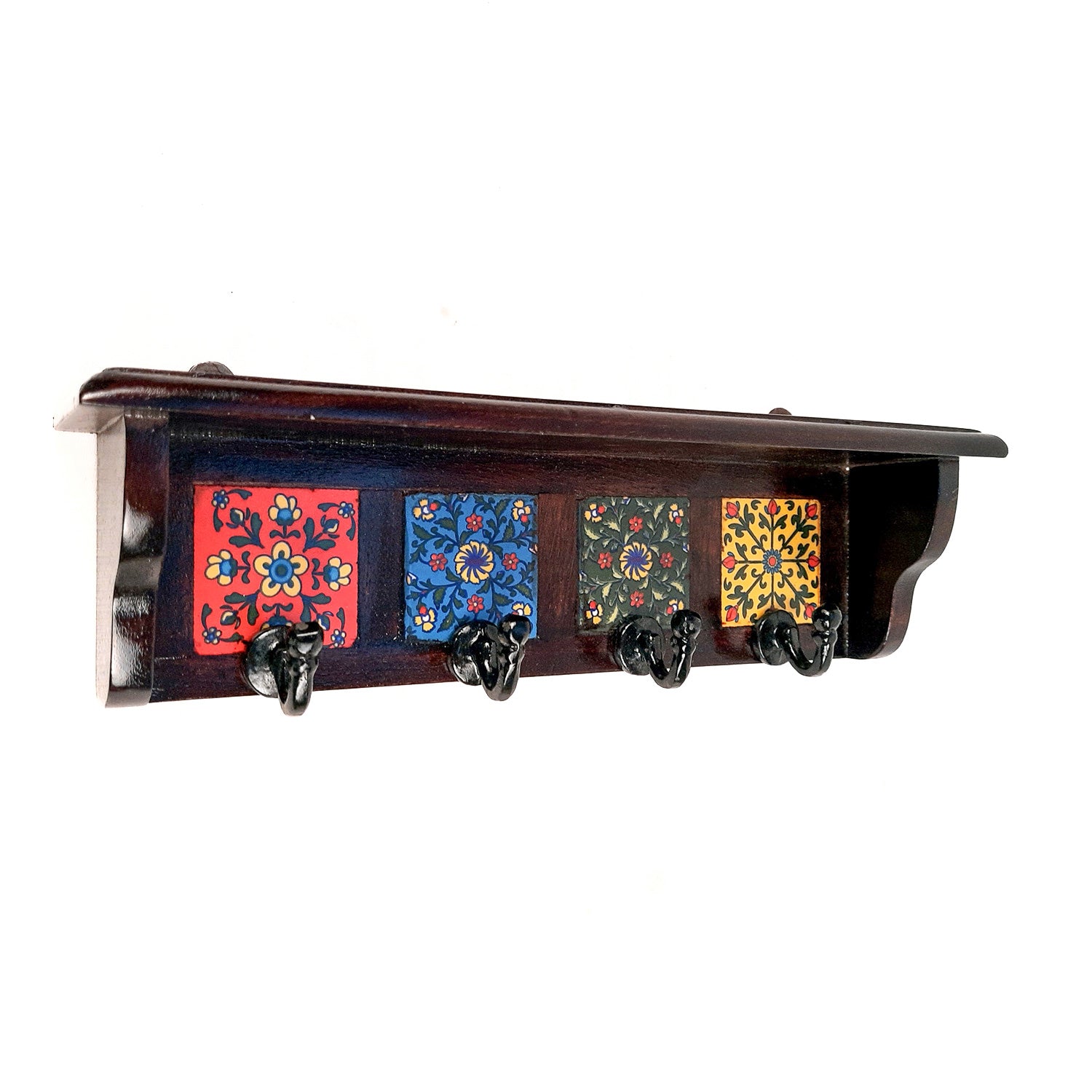 Key Hooks With Wall Shelf | Key Holder Stand With Ceramic Tile Design | Floating Shelves Cum Key Hanger Organiser - For Home, Entrance, Office Decor & Gifts - 12 Inch (4 Hooks) - Apkamart