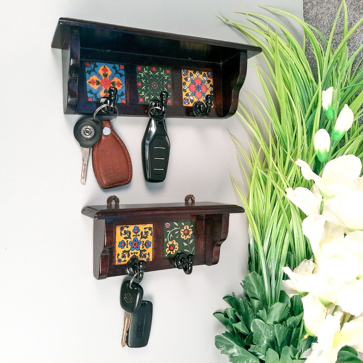 Wall Key Hooks With Wooden Shelf - Wall Mount | Floating Shelves For Decorating Showpieces, Vases, Candle Holders & Books | Key Holder Organiser - Home, Entrance, Office Decor & Gifts - Set of 2 - Apkamart