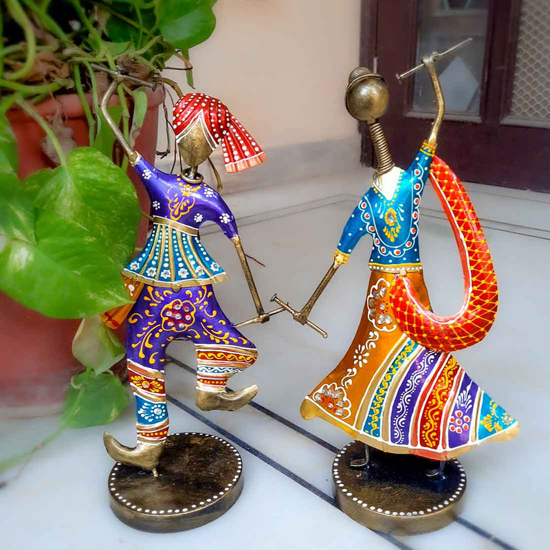 Couple Dancing Showpiece with Dandiya - For Table Decor & Gifts -10 Inch - Set of 2 - ApkaMart