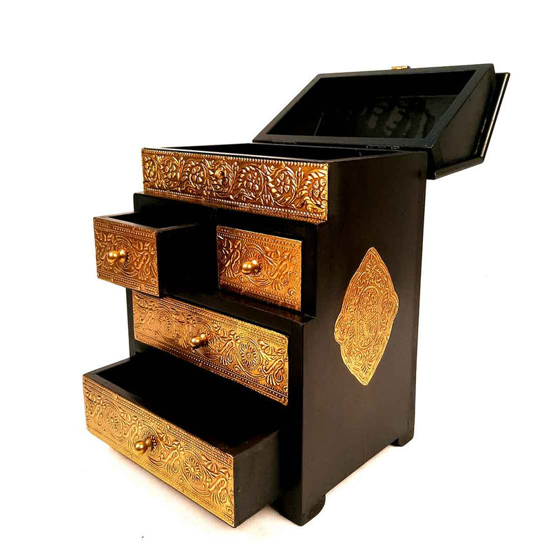 Wooden Jewelry Box | Brass Jewellery Organizer | Jewellery Drawers - 13 Inch - ApkaMart