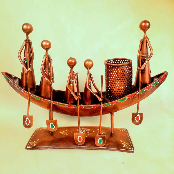 Showpiece Pen Holder | Desk Organizer - Boat Design - For Table Decor  -15 Inch - ApkaMart #color_Copper