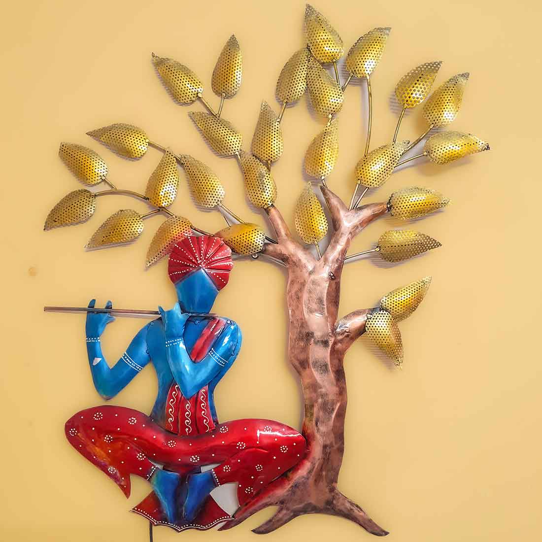 Wall Decor for Living Room | Metal Wall Art Krishna Sitting Under Tree - 31 Inch - ApkaMart
