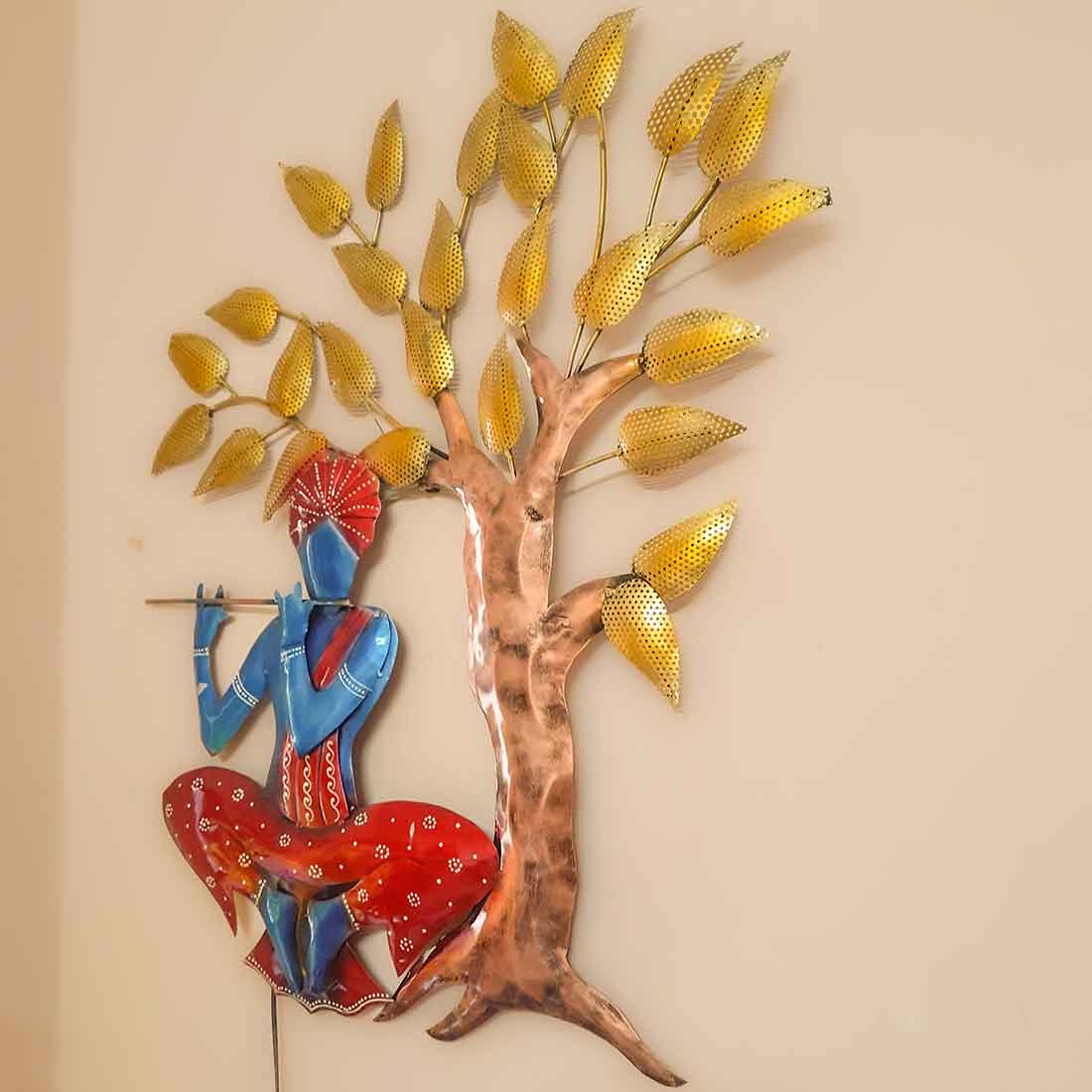 Wall Decor for Living Room | Metal Wall Art Krishna Sitting Under Tree - 31 Inch - ApkaMart