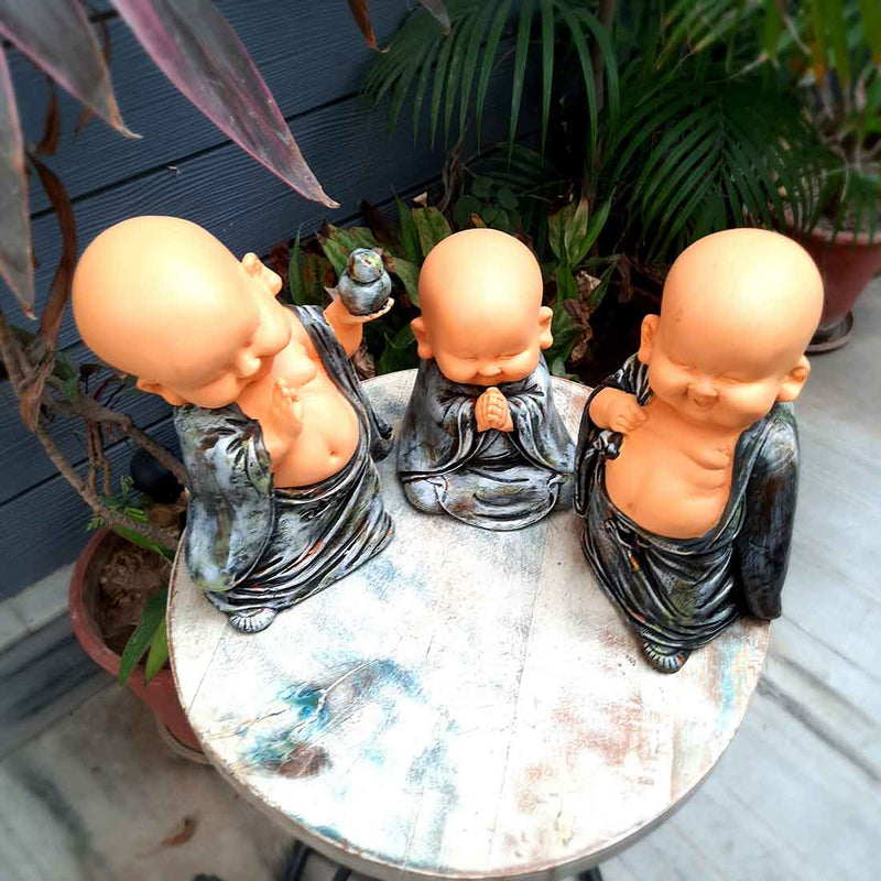 Baby Monk Showpiece - for Home  & Garden Decor - 10 Inch - Set of 3 - ApkaMart