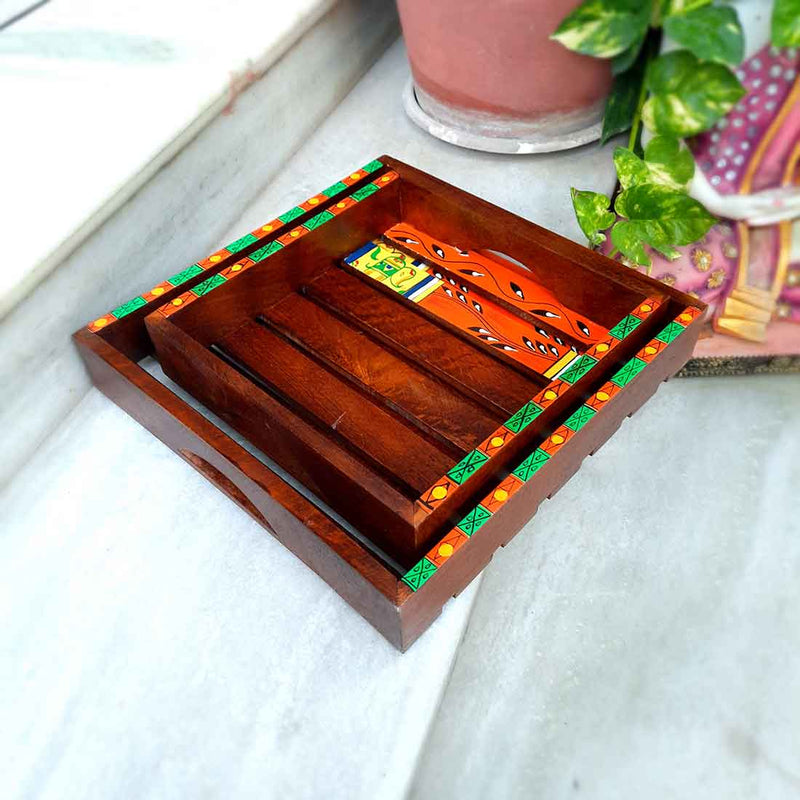 Square Wooden Tray Set - Decorative Trays for Wedding - 11 Inch-Set of 2 - ApkaMart