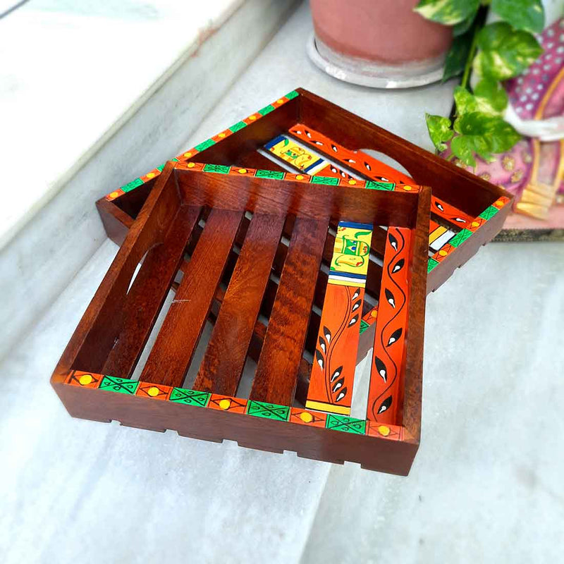 Square Wooden Tray Set - Decorative Trays for Wedding - 11 Inch-Set of 2 - ApkaMart