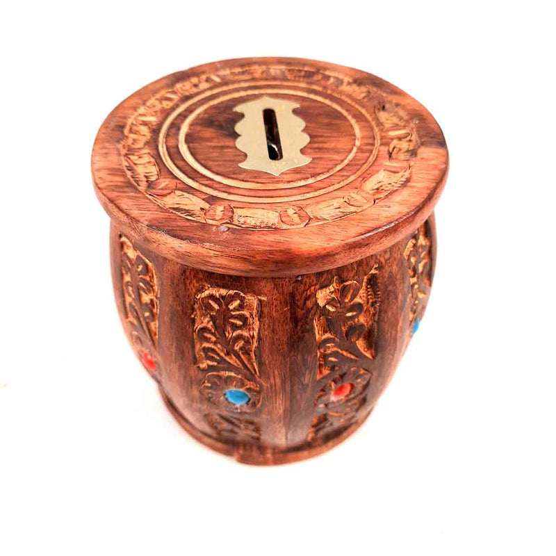 Wooden Gullak - Barrel Shape - Coin Box -for Kids, Boys, Girls - 5 Inch - ApkaMart