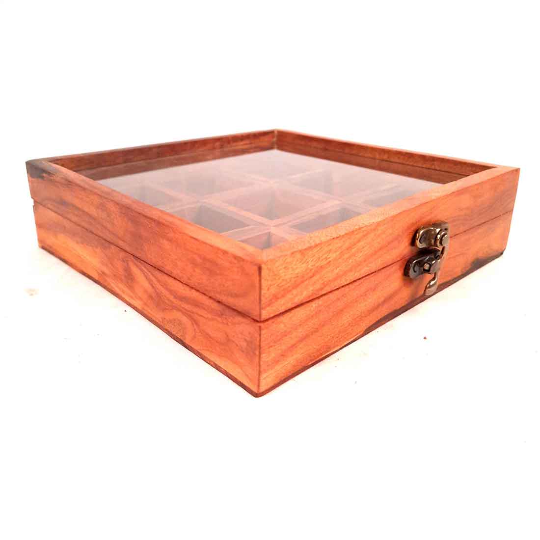 Sheesham Wood Spice Box - Masala Box with Glass Lid - for Kitchen & Table Top - 8 Inch - ApkaMart