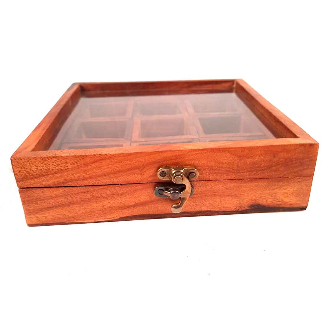 Sheesham Wood Spice Box - Masala Box with Glass Lid - for Kitchen & Table Top - 8 Inch - ApkaMart