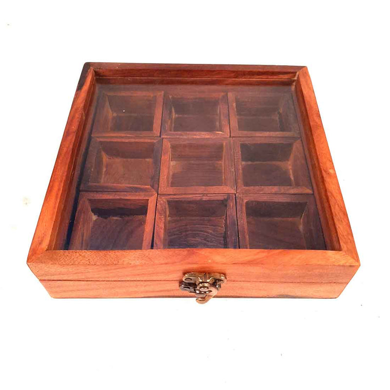 Sheesham Wood Spice Box - Masala Box with Glass Lid - for Kitchen & Table Top - 8 Inch - ApkaMart