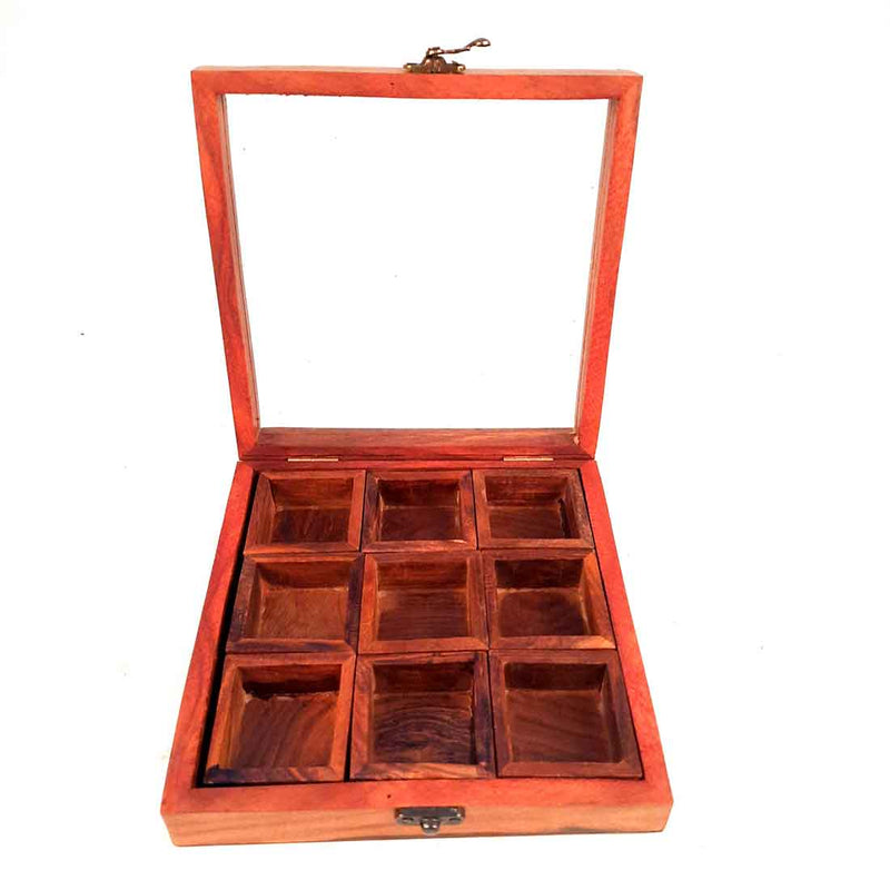 Sheesham Wood Spice Box - Masala Box with Glass Lid - for Kitchen & Table Top - 8 Inch - ApkaMart