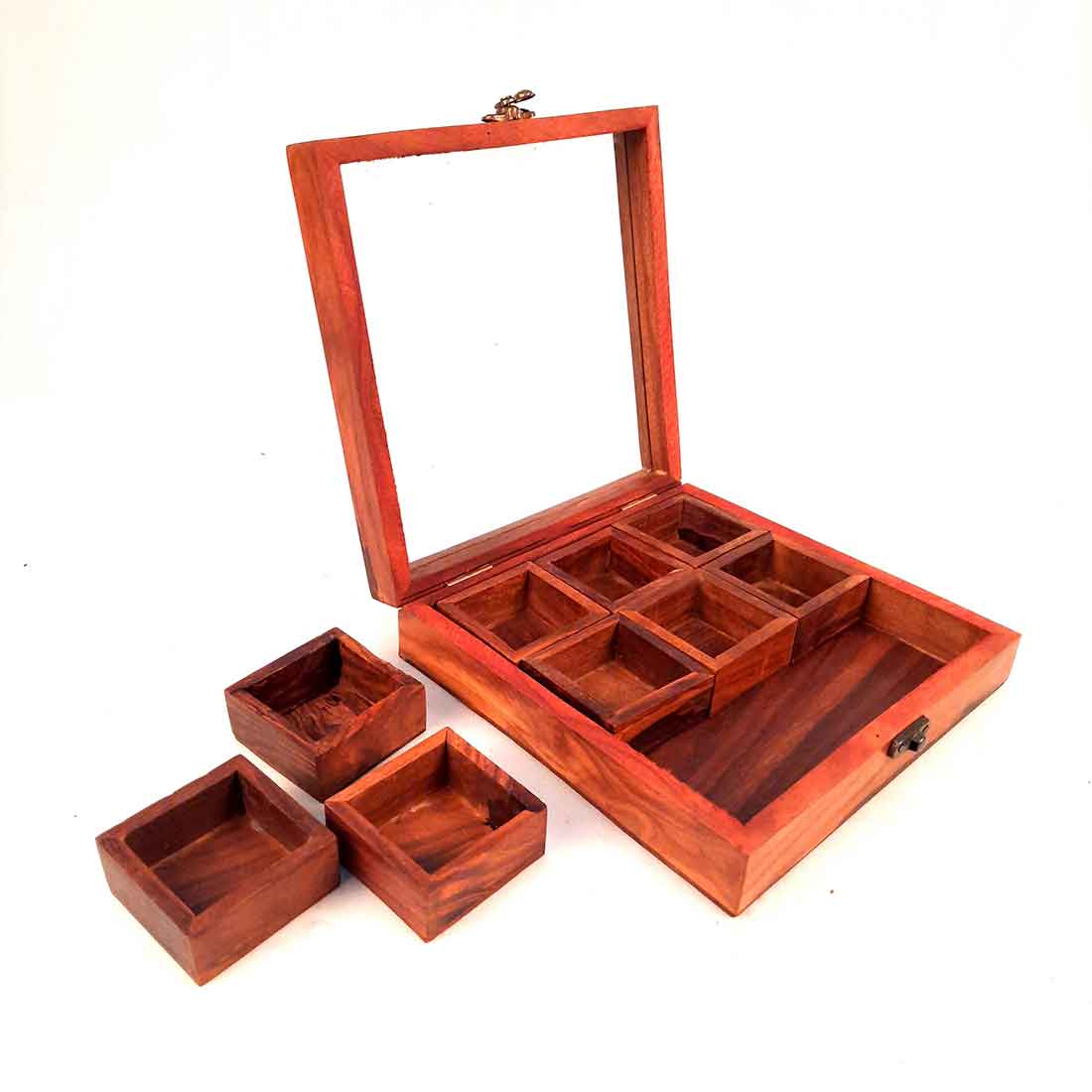 Sheesham Wood Spice Box - Masala Box with Glass Lid - for Kitchen & Table Top - 8 Inch - ApkaMart