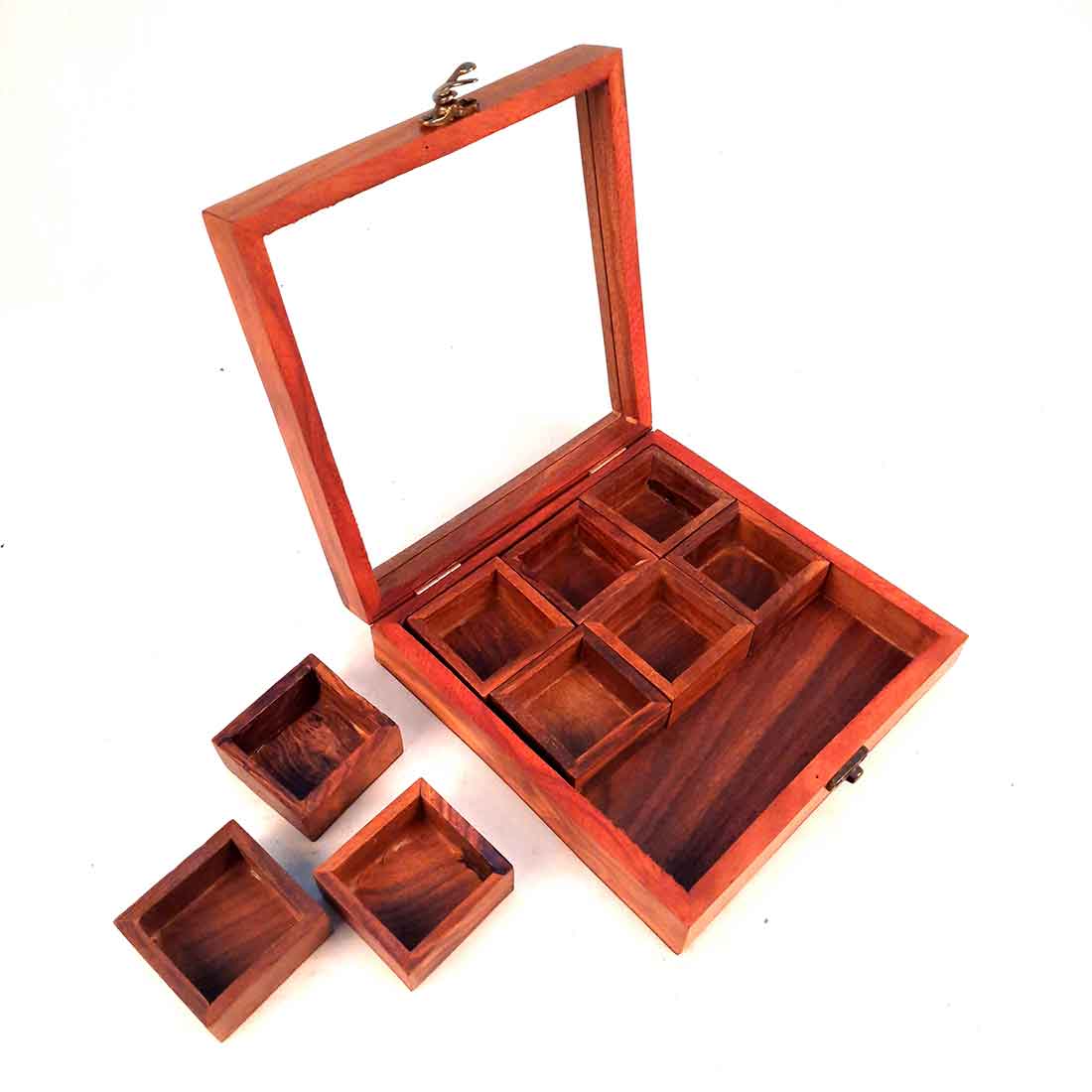 Sheesham Wood Spice Box - Masala Box with Glass Lid - for Kitchen & Table Top - 8 Inch - ApkaMart