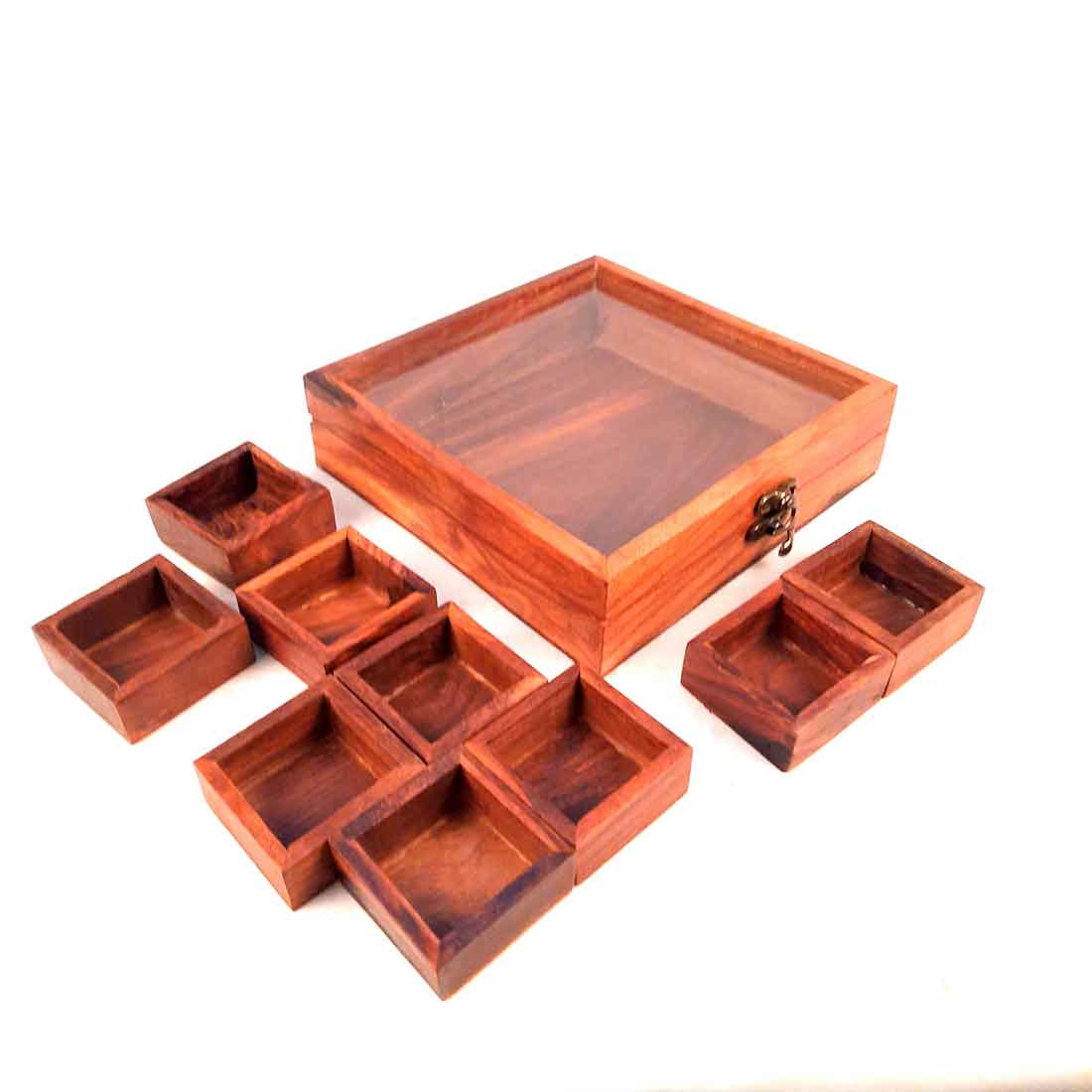 Sheesham Wood Spice Box - Masala Box with Glass Lid - for Kitchen & Table Top - 8 Inch - ApkaMart