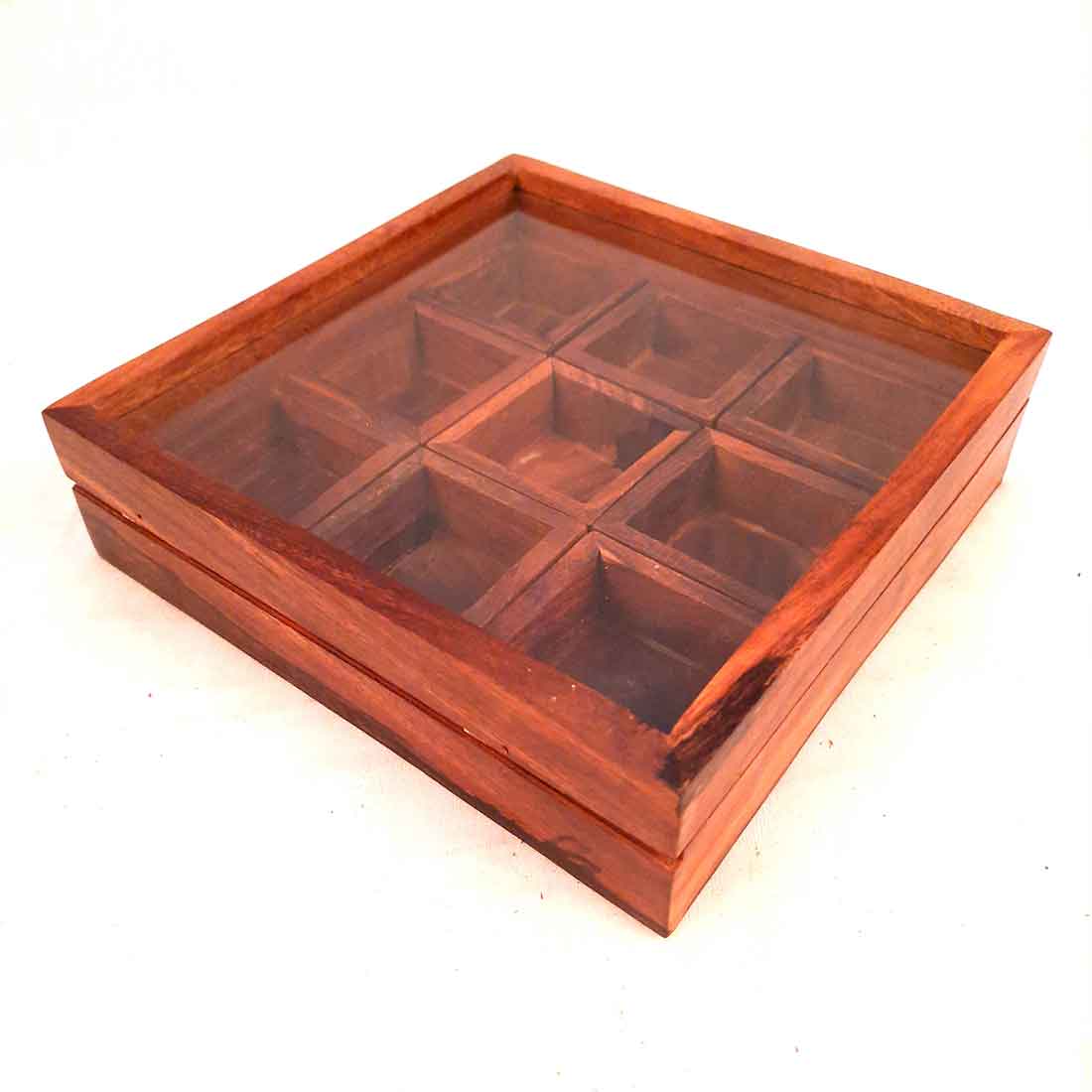 Sheesham Wood Spice Box - Masala Box with Glass Lid - for Kitchen & Table Top - 8 Inch - ApkaMart