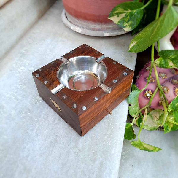 Wooden Decorative Ashtray with Small Storage - for Home, Car, Garden & Bar - 4 Inch - ApkaMart