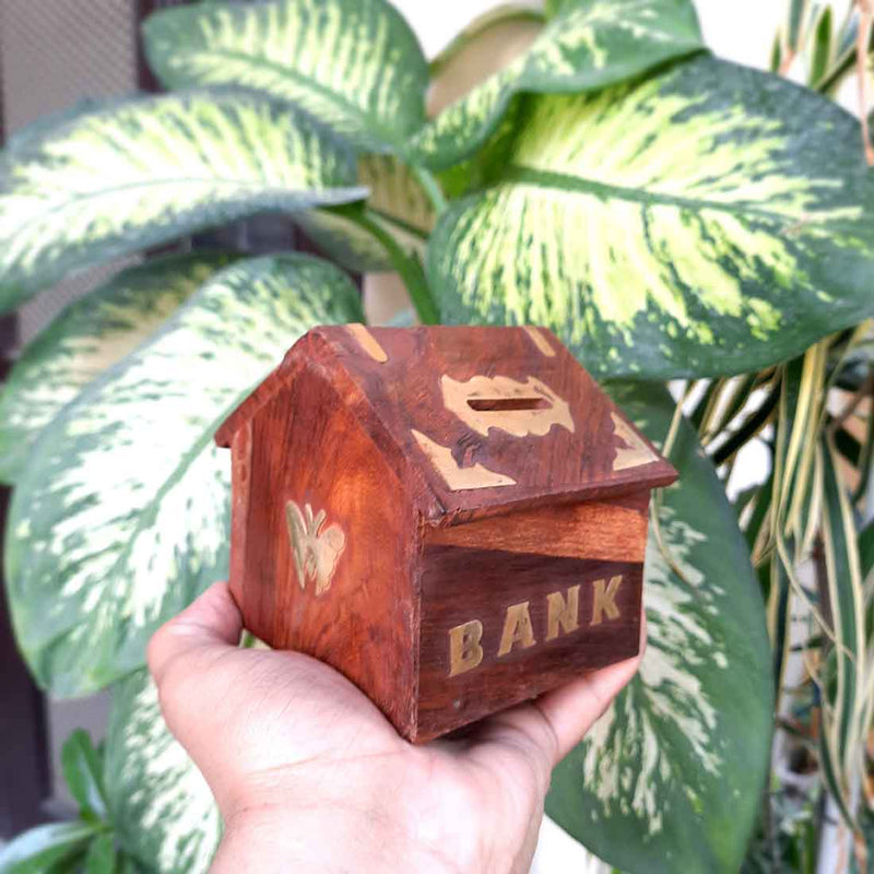 Wooden Piggy Bank - HUT Shape - With Lock for Girls and Boys - 4 Inch