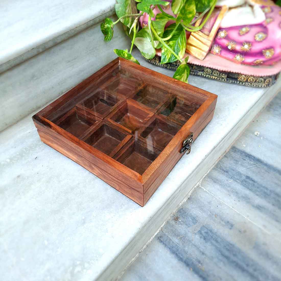 Sheesham Wood Spice Box - Masala Box with Glass Lid - for Kitchen & Table Top - 8 Inch - ApkaMart