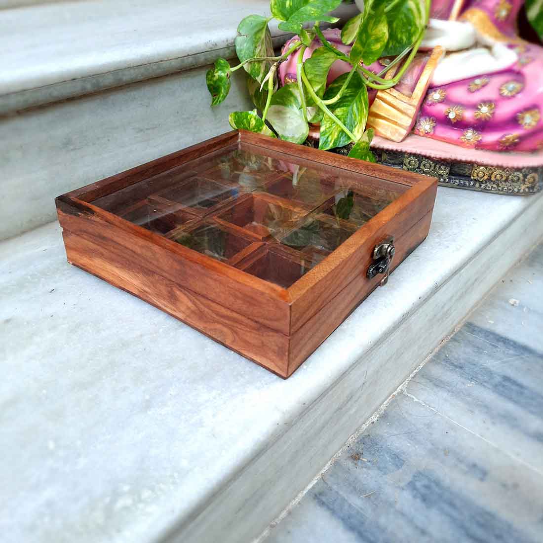 Sheesham Wood Spice Box - Masala Box with Glass Lid - for Kitchen & Table Top - 8 Inch - ApkaMart