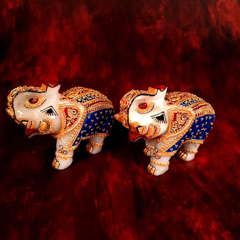 Marble Elephant Showpiece  - For Home, Living Room & Table Decor - 4 Inch - Set of 2 - ApkaMart