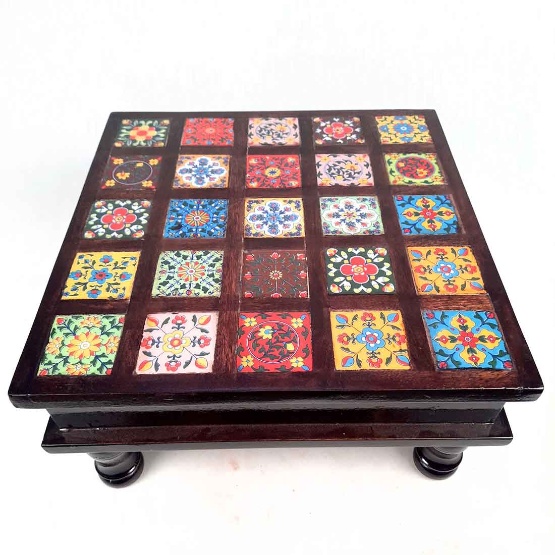 Wooden Chowki with Ceramic Tiles - For For Pooja, Weddings & Festivals - 13 Inches - ApkaMart