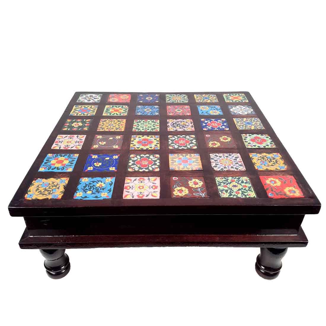 Wooden Chowki with Ceramic Tiles - For For Pooja, Weddings & Festivals - 13 Inches - ApkaMart