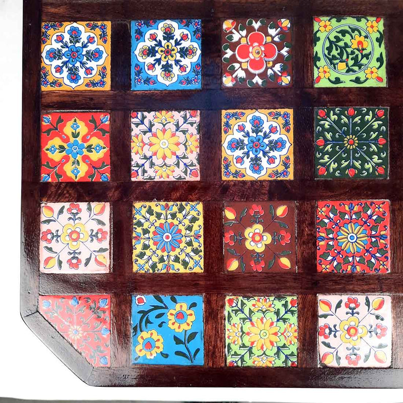 Wooden Chowki with Ceramic Tiles - For For Pooja, Weddings & Festivals - 14 Inch - ApkaMart