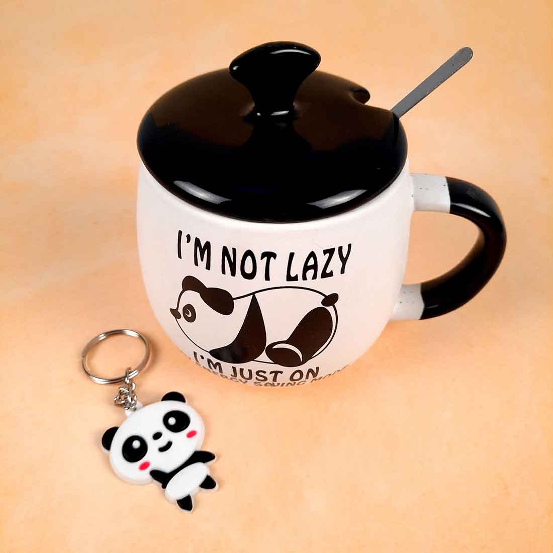 Lazy Panda Coffee Mug with Lid ,Spoon & Key Chain - for Tea, Coffee & Gifts - ApkaMart