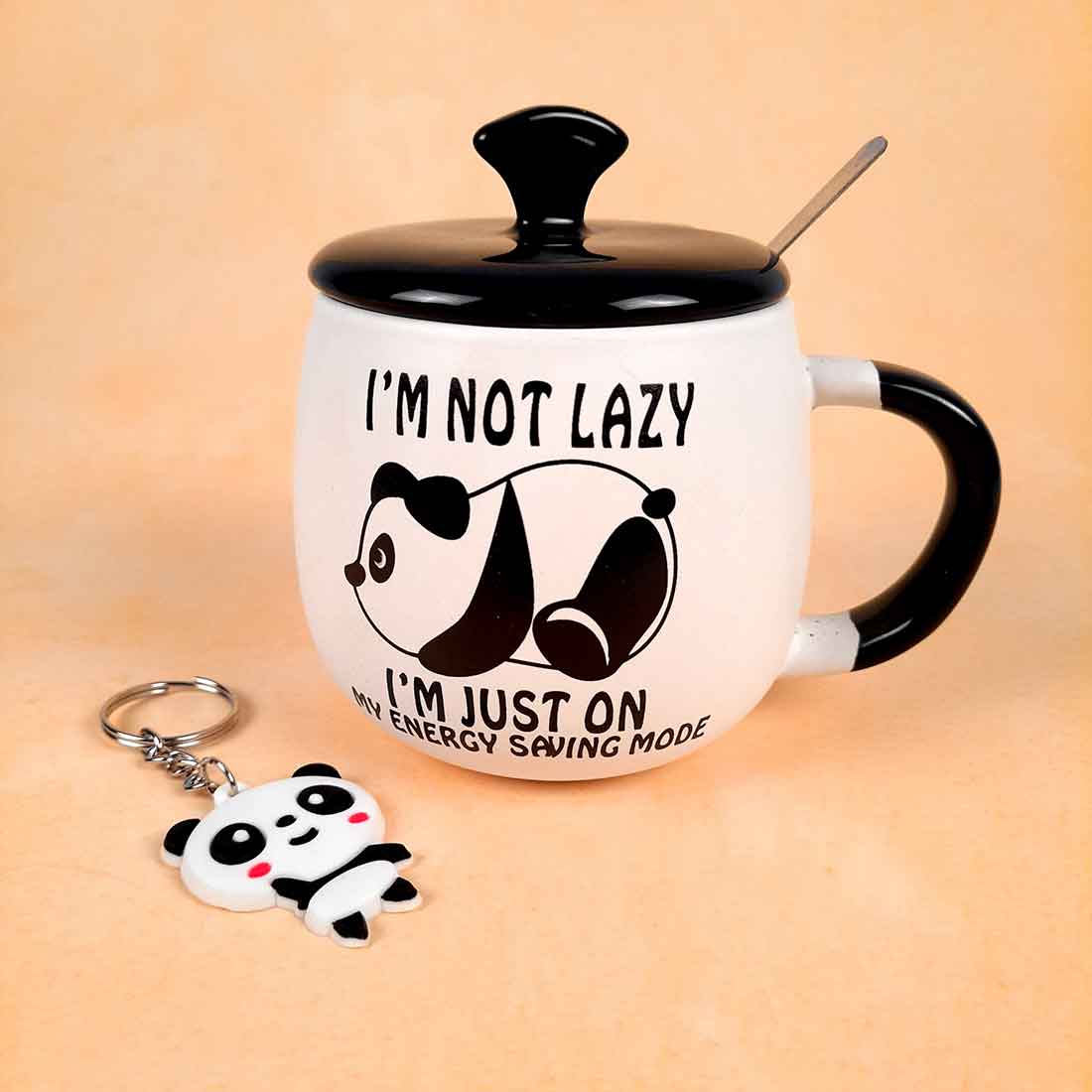 Lazy Panda Coffee Mug with Lid ,Spoon & Key Chain - for Tea, Coffee & Gifts - ApkaMart