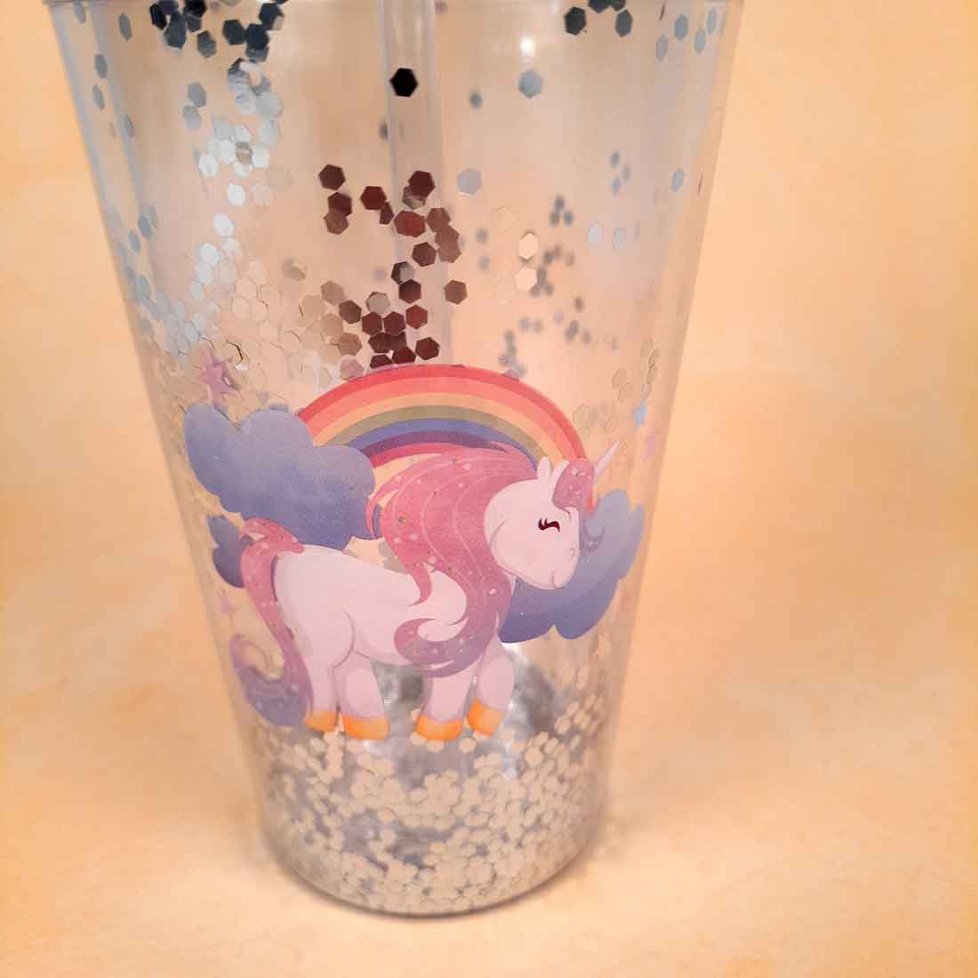 Glitter Sipper Bottle with Straw and Lid -  Unicorn Design - For Girls, Kids and Boys - ApkaMart