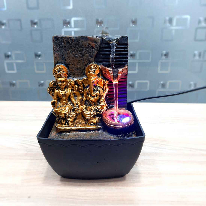 LED Water Fountain with Lakshmi Ganesh Statue - Decorative Showpiece for Table & Office Decor - 7 Inch - ApkaMart