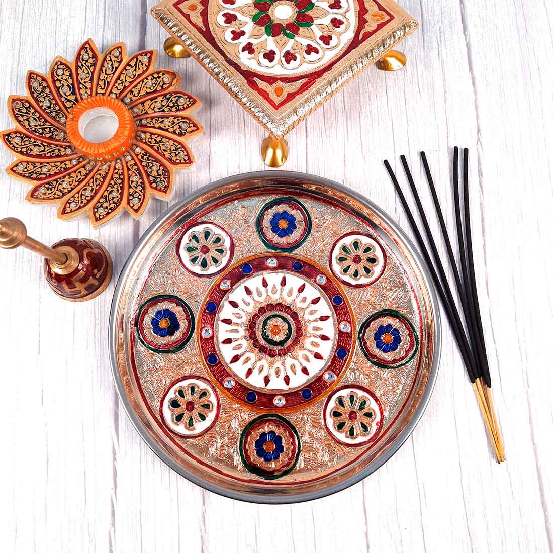 Decorative Pooja Thali - For Pooja, weddings & Festivals - 9 Inch - ApkaMart