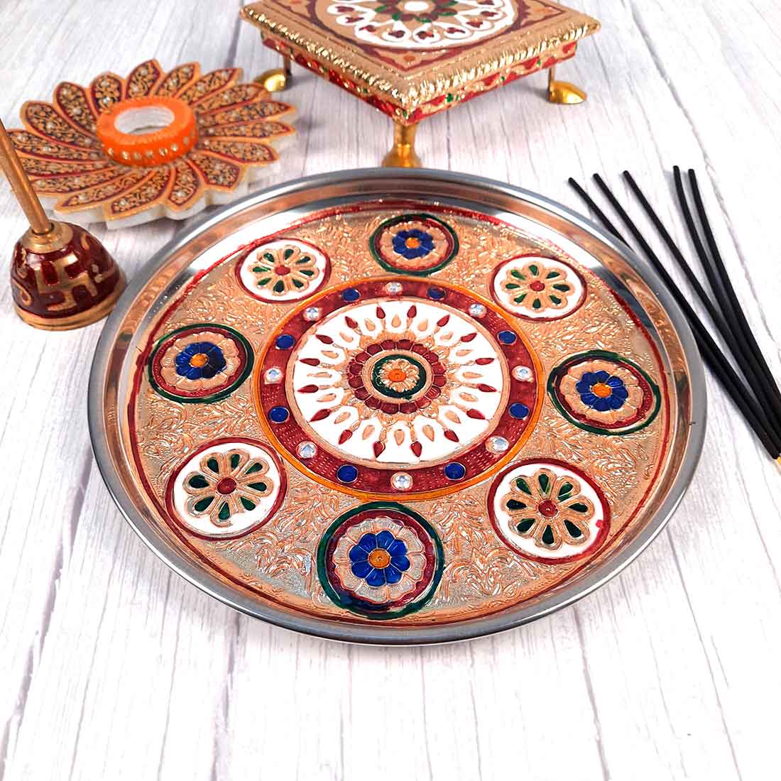 Decorative Pooja Thali - For Pooja, weddings & Festivals - 9 Inch - ApkaMart
