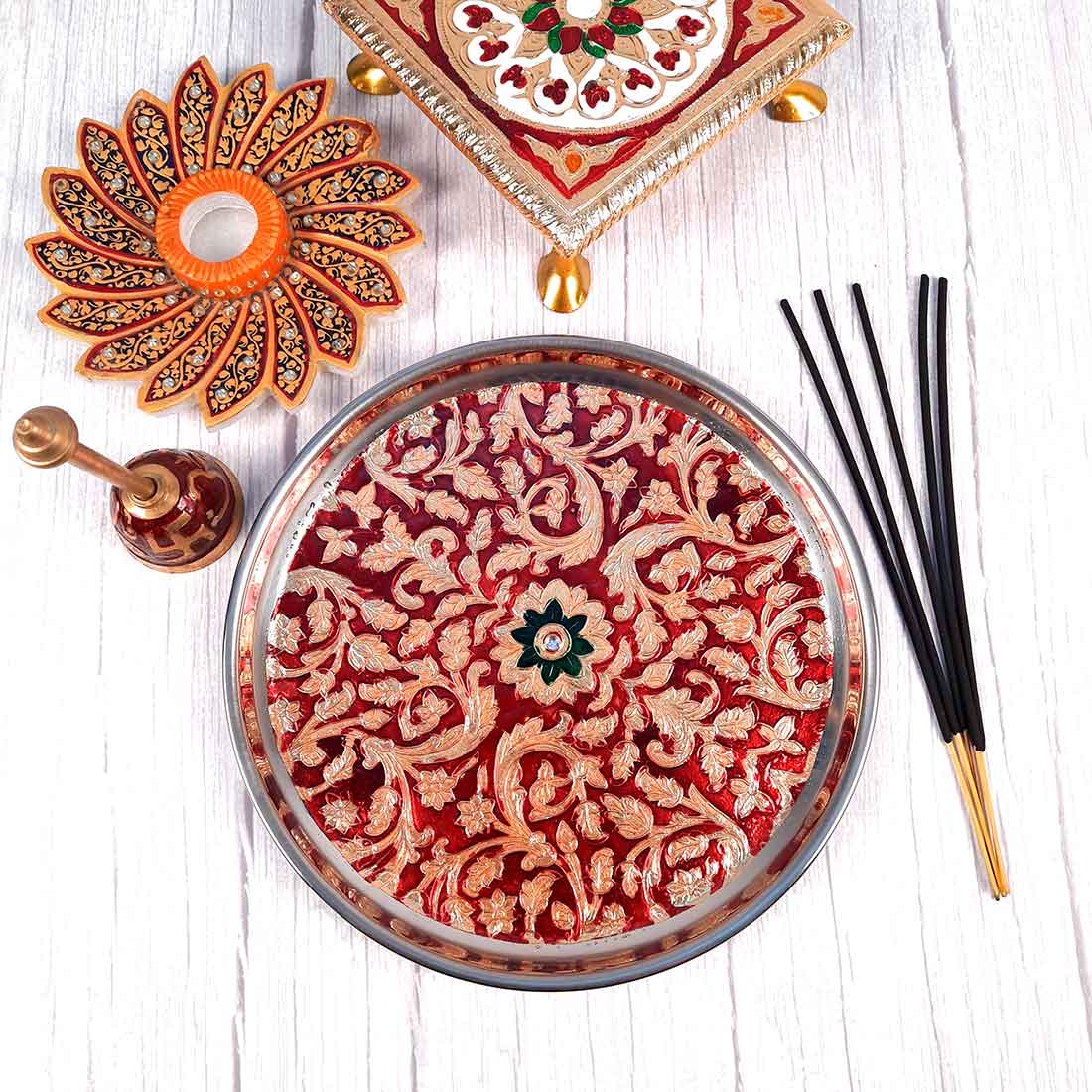 Decorated Pooja Thali - Apkamart #color_Red