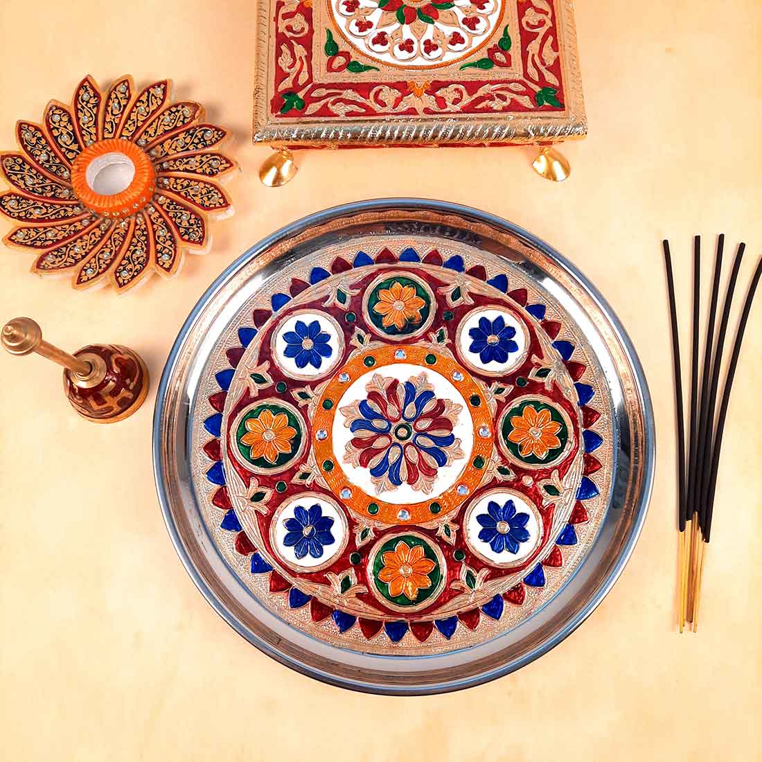 Decorative Plate | Puja Thali -Flower Design - For Pooja, Karwachauth & Festivals - 11 Inch - ApkaMart