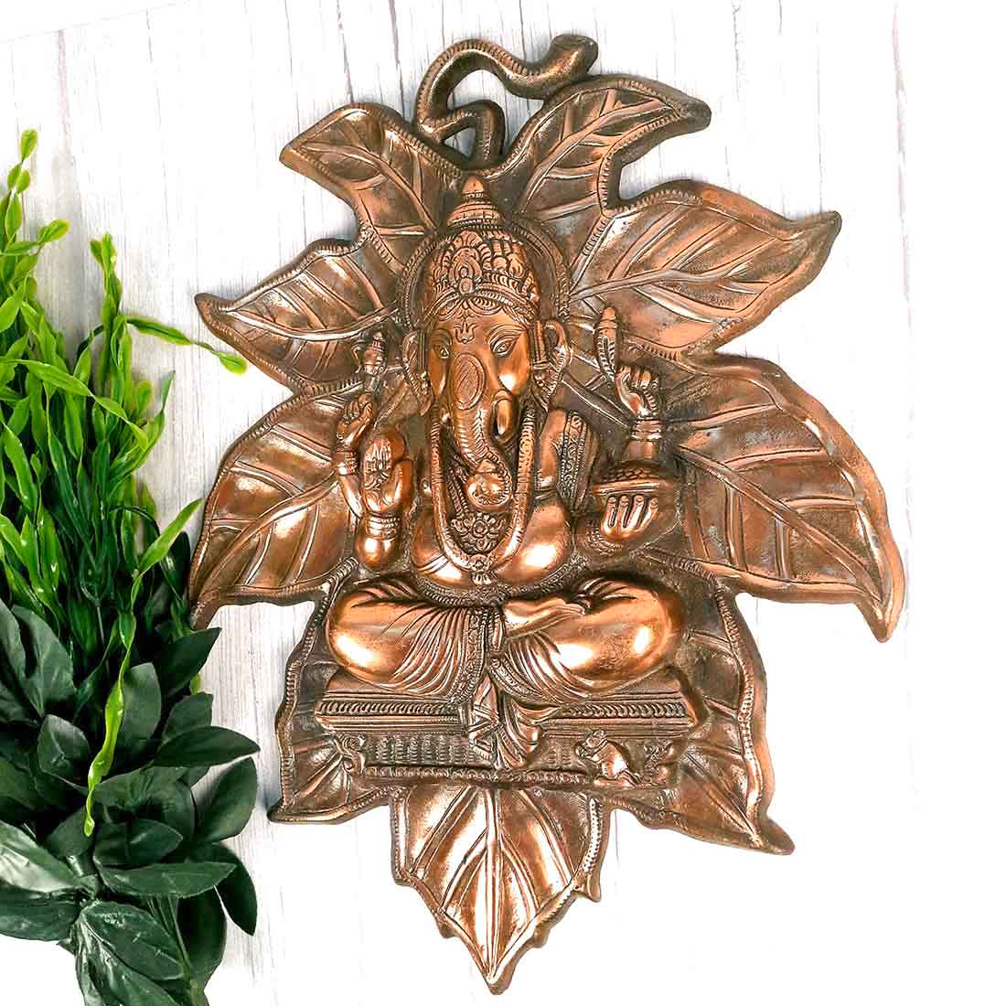 Ganesh Wall Hanging Idol Big | Lord Ganesha Statue Wall With Leaf Design Art - For Puja, Home & Main Gate |Religoius & Spiritual Decor for Living Room - 18  Inch